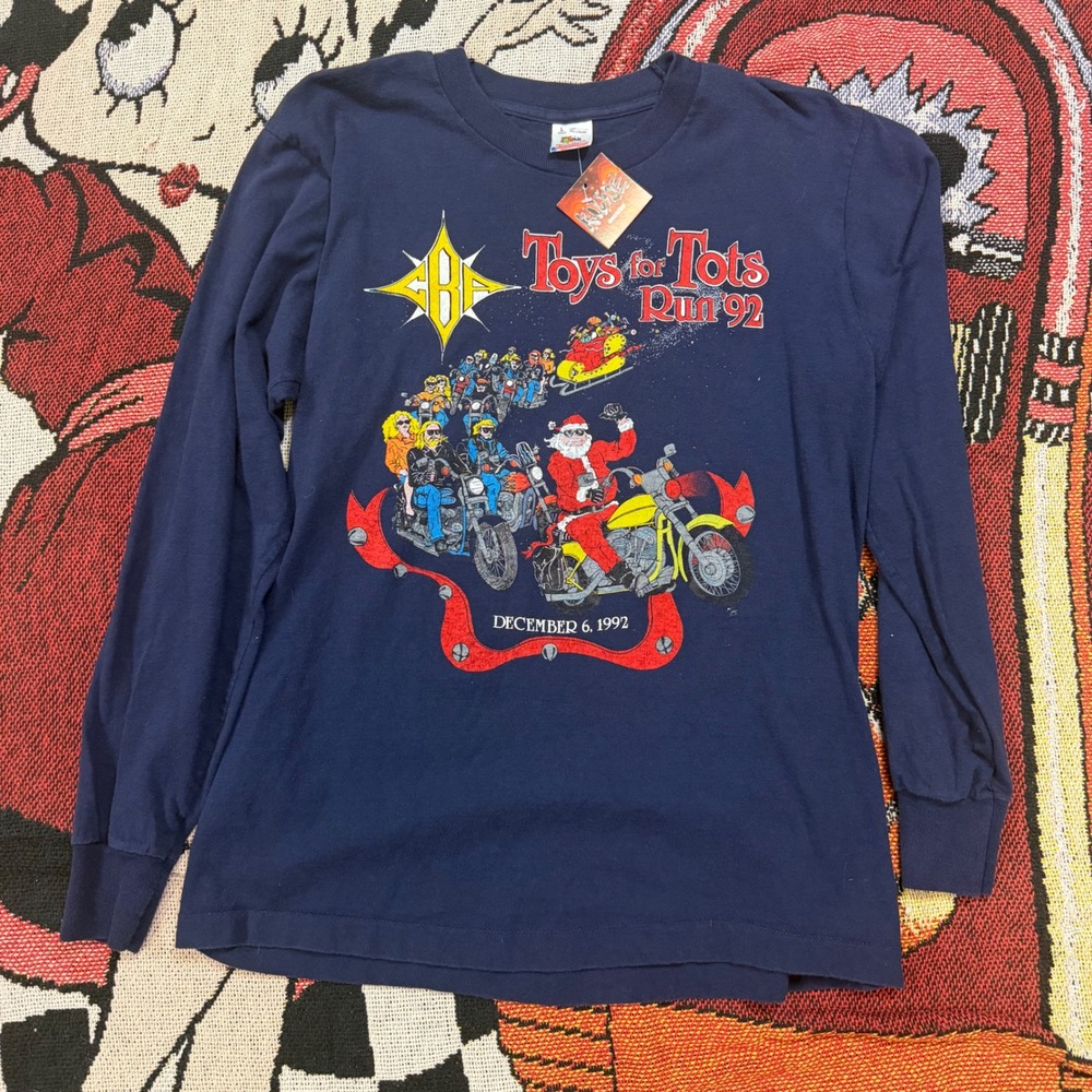 Vintage 1992 Toys for Tots Run Motorcycle Santa Long Sleeve Shirt Navy M Usa
